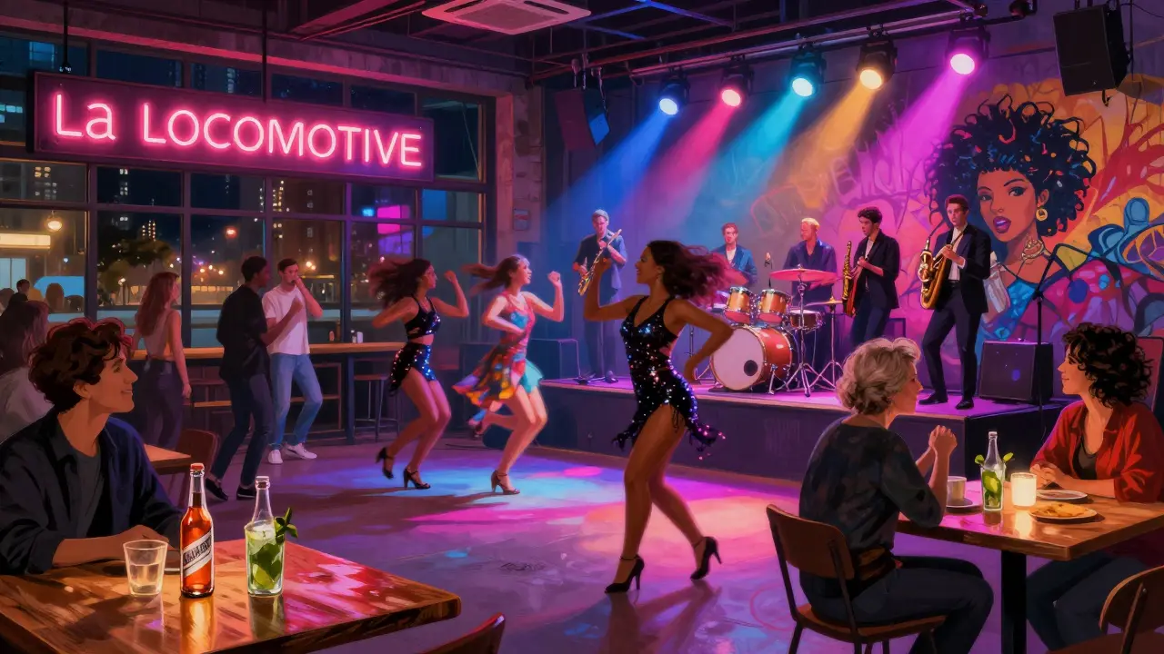 Vibrant salsa night at La Locomotive with sequined dancers, diverse crowd, and neon lights glowing in the Paris night.