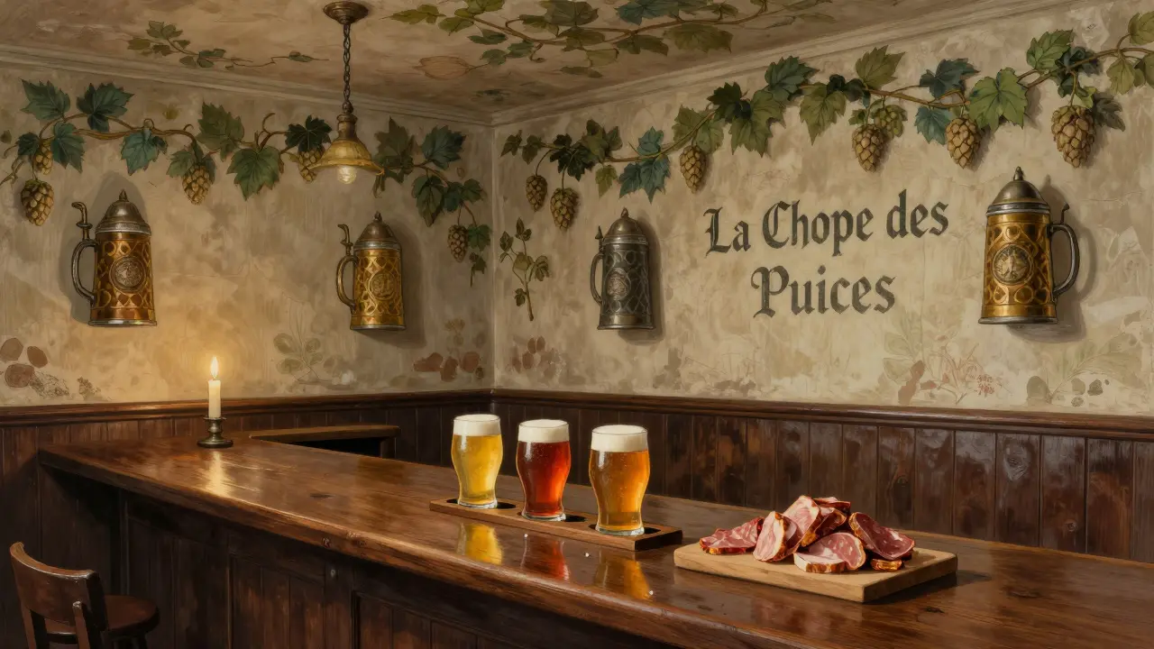 Vintage Belgian-style pub with antique beer steins and hop vine murals, tasting flight on counter.