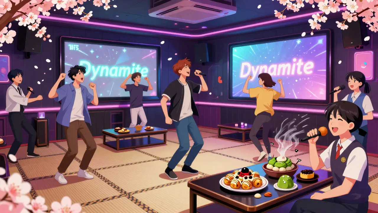 Young group dancing in themed karaoke room with cherry blossoms and K-pop lyrics.