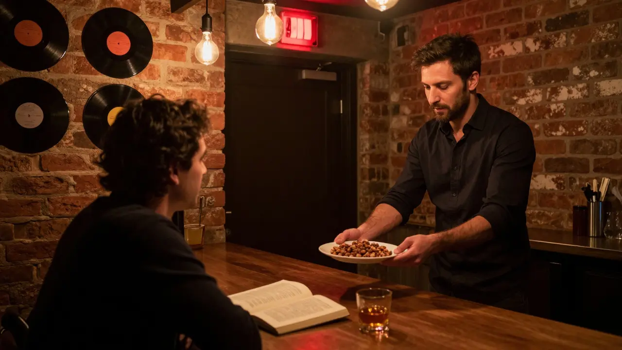 A bartender offering spiced nuts to a newcomer in a dim, brick-walled bar with a single red light above the door.