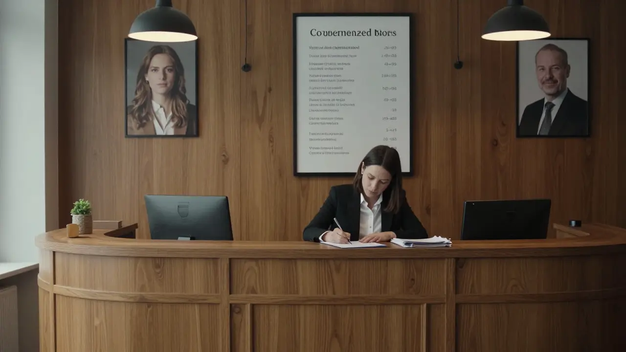 A client signs a confidentiality agreement in a discreet upscale escort agency office.