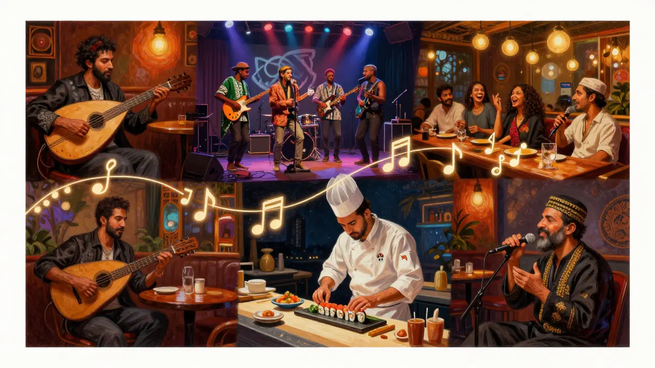 A collage of diverse nightlife scenes in Dubai, from music performances to late-night dining.