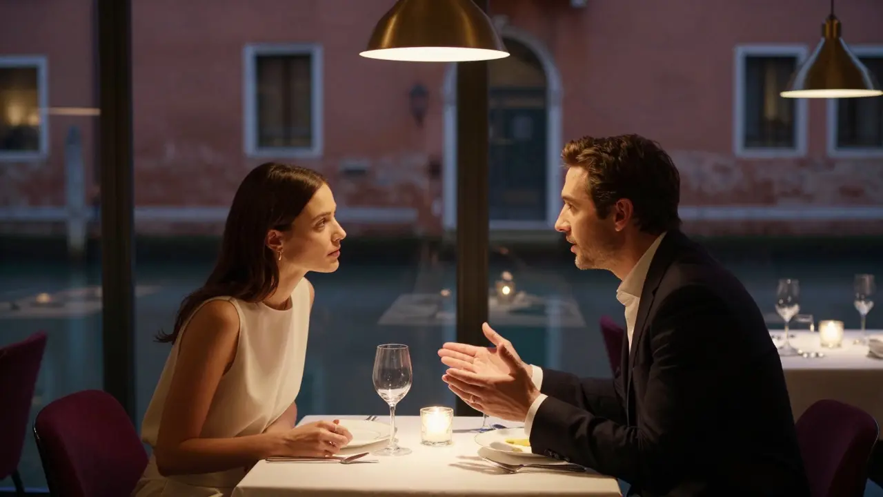 A couple dines in quiet intimacy at a Michelin-starred restaurant along Milan's Navigli canal.