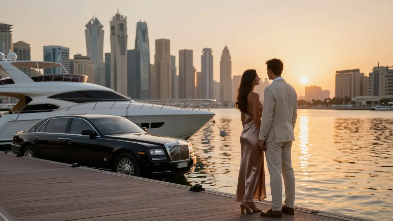 A couple shares a quiet moment on a private yacht at sunset, overlooking Dubai Marina's glowing skyline.