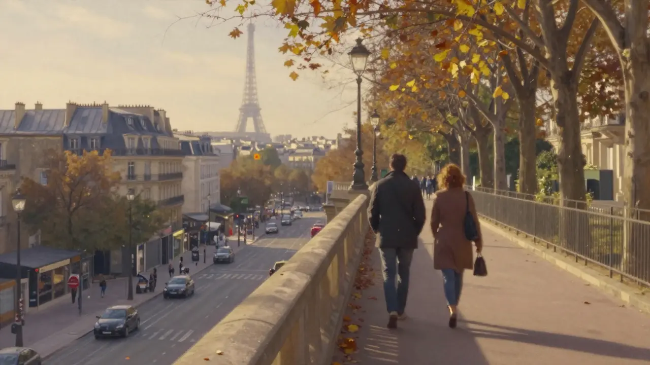 A couple walking hand-in-hand along an elevated park above Paris at sunset.