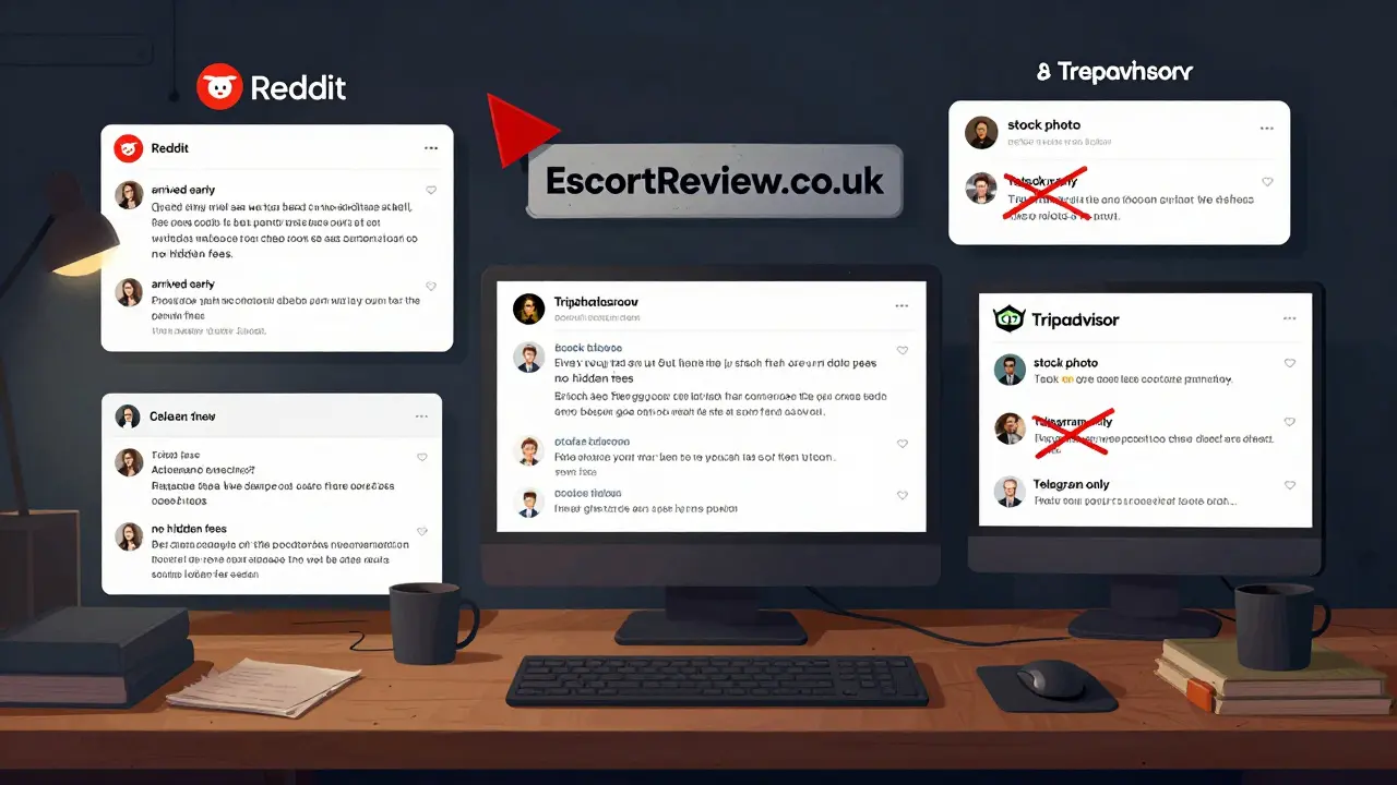 A desk with independent review websites displayed, showing authentic user feedback and red flags crossed out.