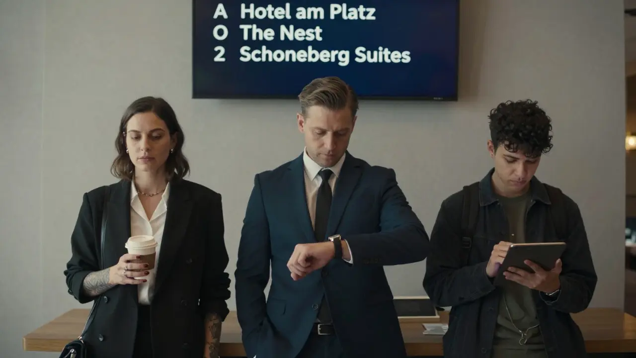 A diverse group stands in a Berlin apartment lobby, with hotel names displayed on a digital screen, reflecting normalized adult services.