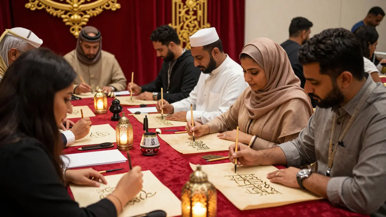 A group of people learning Arabic calligraphy together in a well-lit studio at Louvre Abu Dhabi.