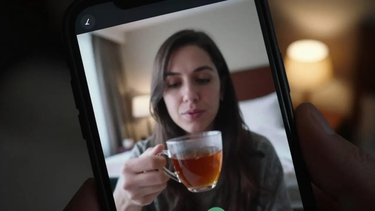 A live video call on a smartphone showing a person in a hotel room, tea visible, face partially hidden.