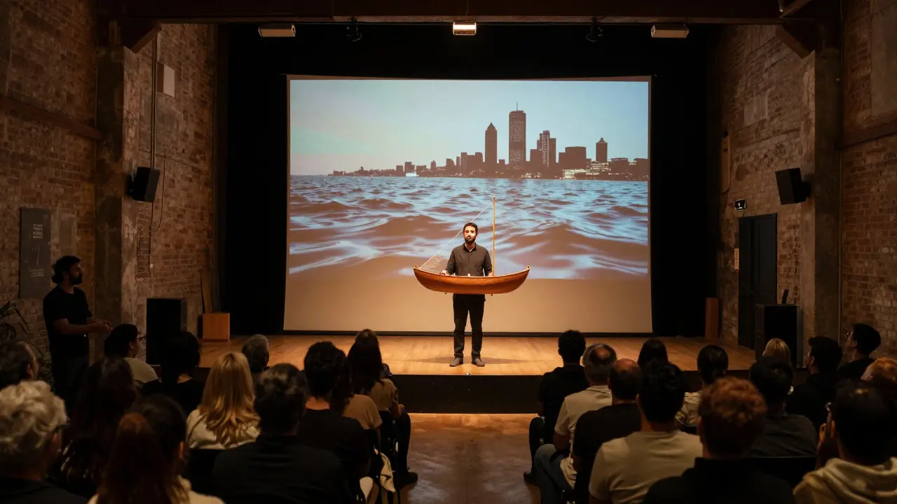 A lone actor holds a dhow model in a dim warehouse theatre, surrounded by quiet audience members.