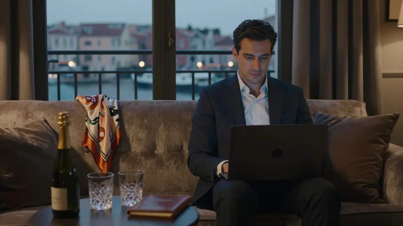 A man alone in a high-end hotel suite, with a woman's scarf on the sofa, conveying silent, unspoken connection.