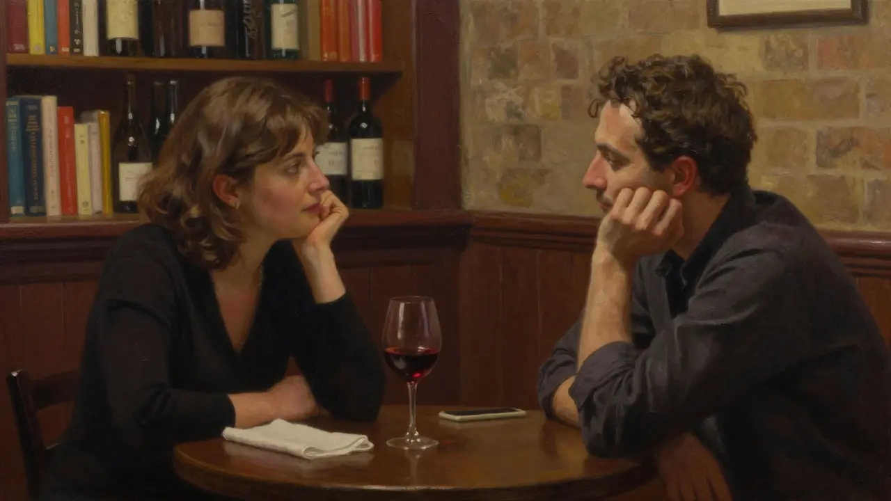A man and woman share a quiet moment at a cozy wine bar, focused on conversation and mutual respect.