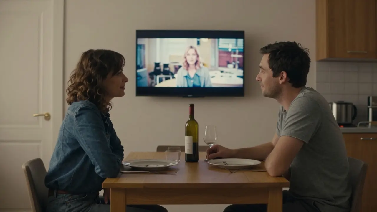 A man and woman sharing a quiet dinner after watching a film, connected by conversation, not intimacy.