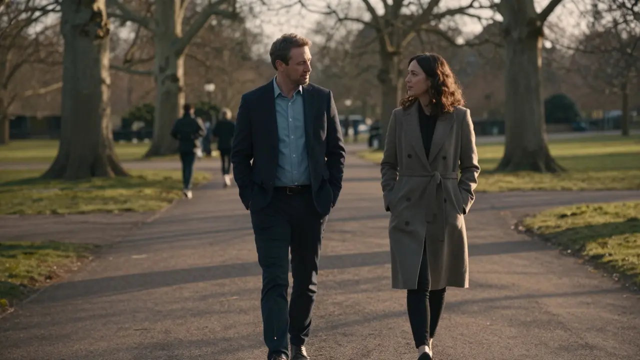 A man and woman walk peacefully through Hyde Park at sunset, engaged in quiet conversation.