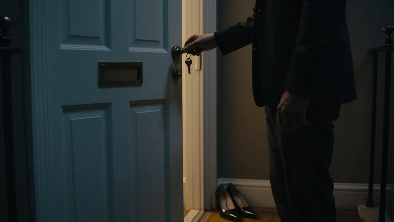 A man hesitates outside a discreet London apartment door at night, key in hand, warm light spilling from within.