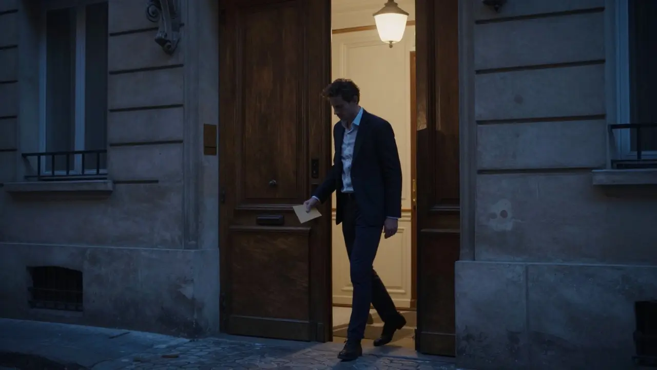 A man leaves a Parisian apartment building at night, holding an envelope, composed and respectful.