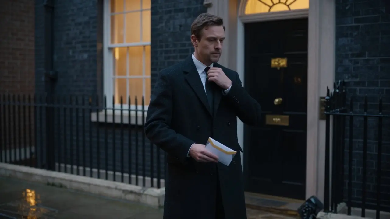 A man leaves a private residence at dusk, holding an envelope, embodying dignity and quiet gratitude.