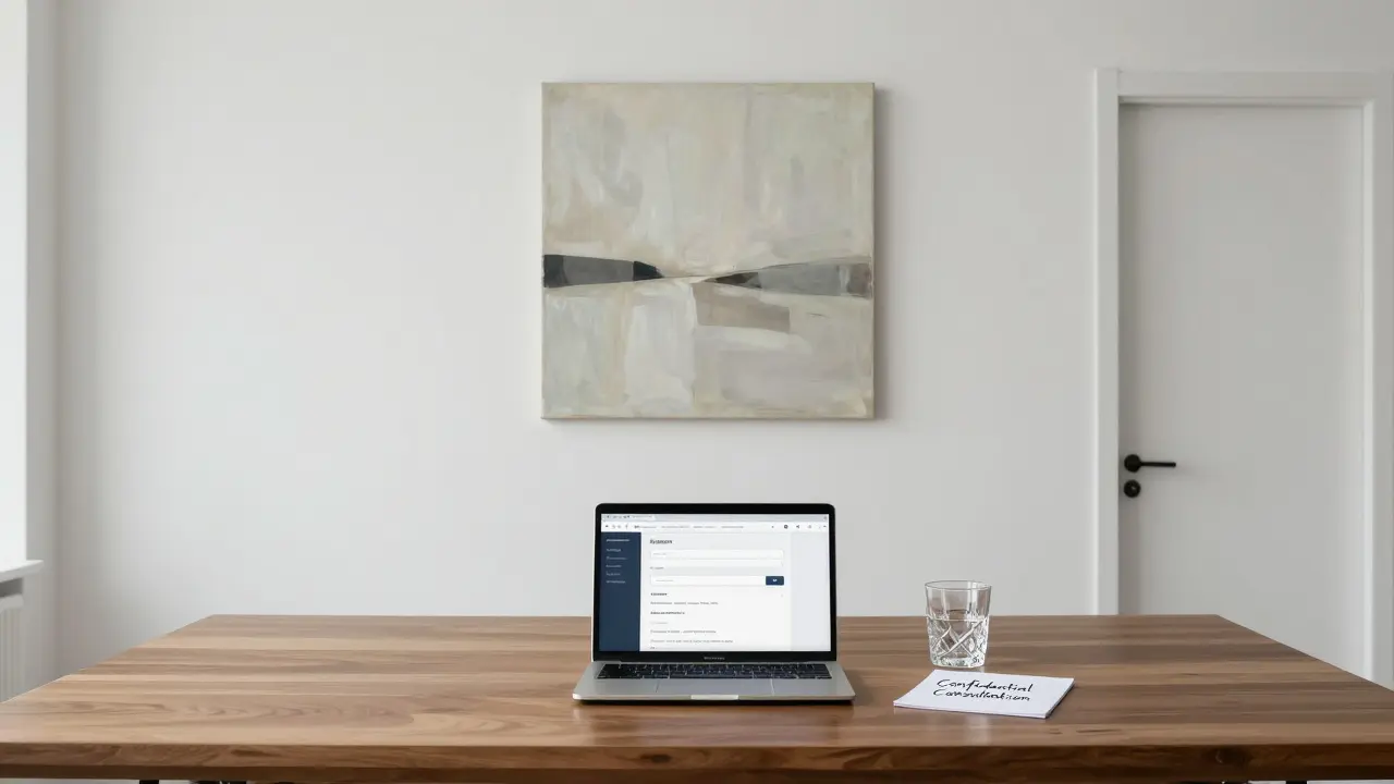 A minimalist agency office with a secure contact form and handwritten note, exuding discretion and professionalism.