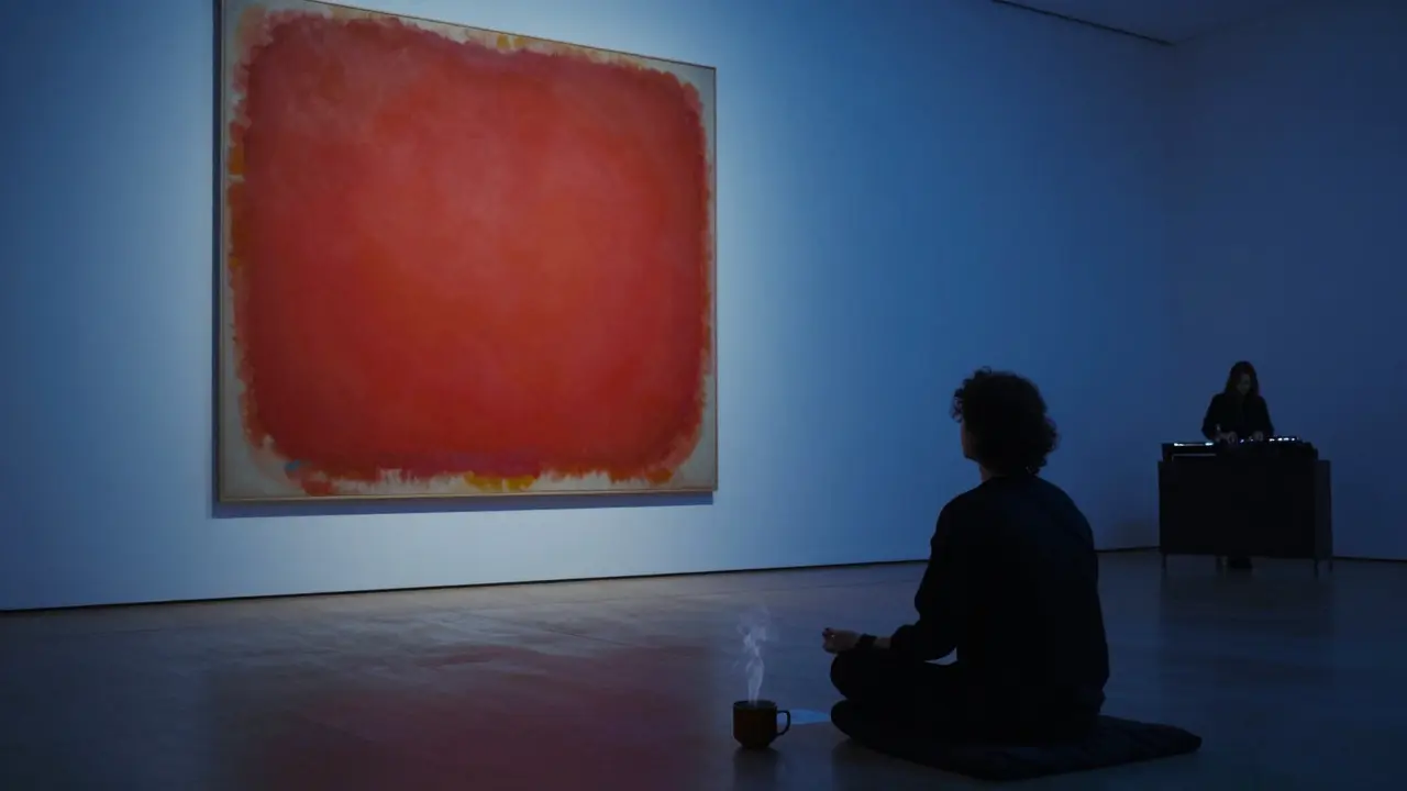 A person meditating in front of a Rothko painting at Tate Modern during a late-night art event.