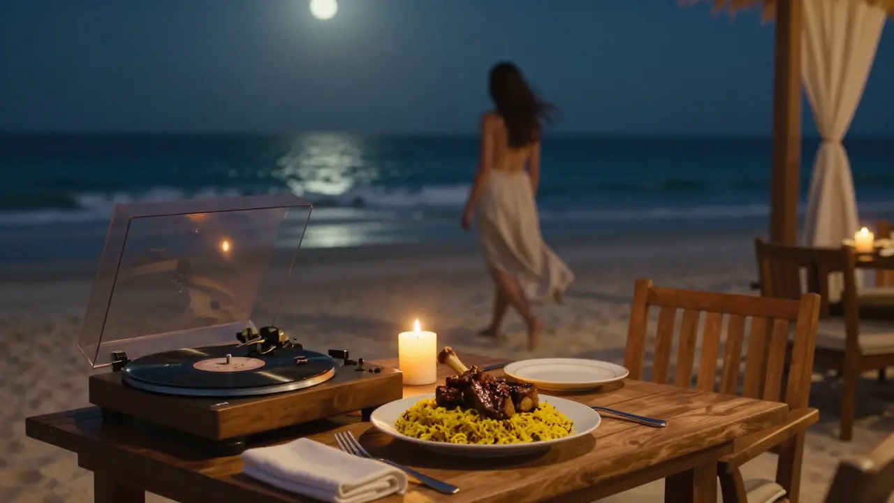 A private beach villa at night, candlelit dinner and jazz music under moonlight, waves softly crashing nearby.