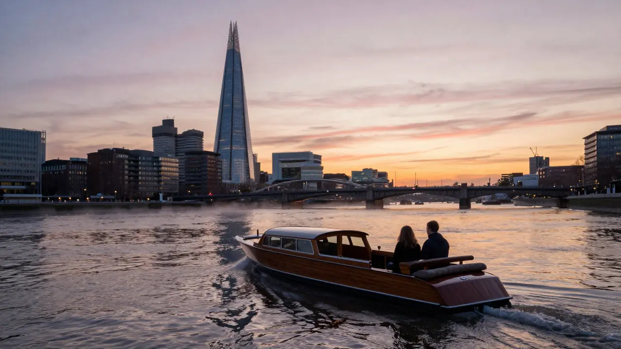 A private boat ride along the Thames at sunset with soft golden light reflecting on the water.