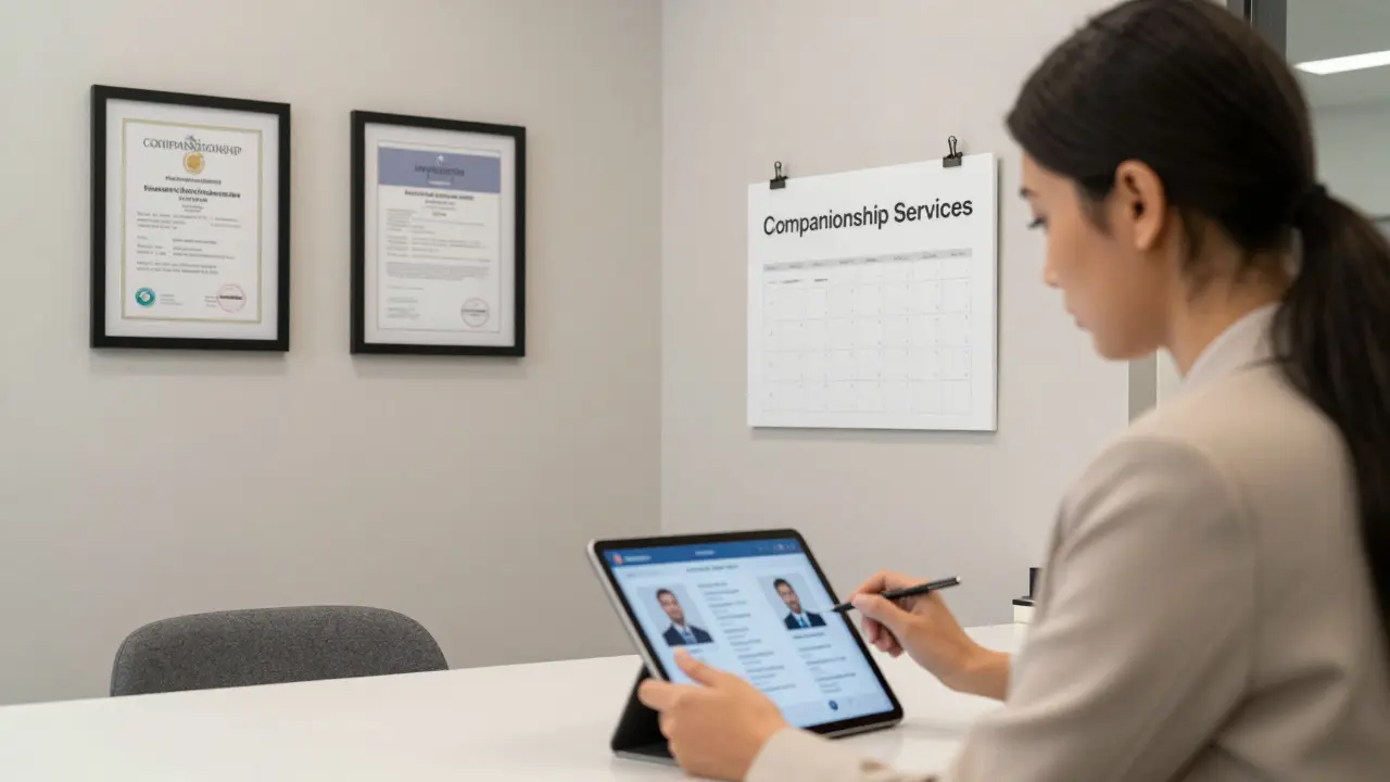 A professional companionship agency office with certifications and a woman reviewing client details on a tablet.