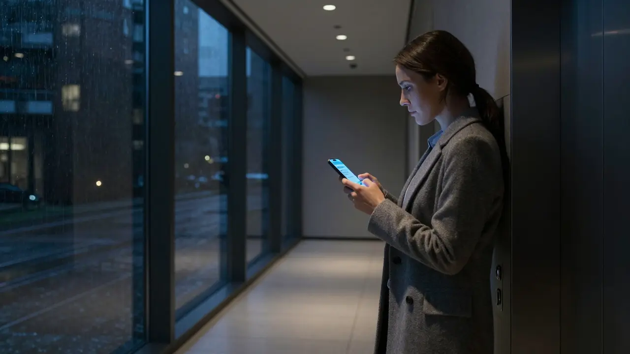 A professional woman waits in a modern hotel lobby, smartphone in hand, night rain outside.