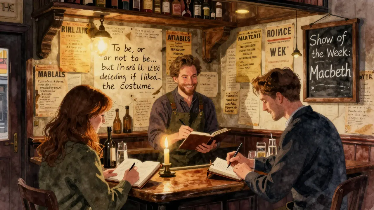 A pub wall covered in theatre playbills and handwritten quotes from audiences, candlelight glowing on a notebook.