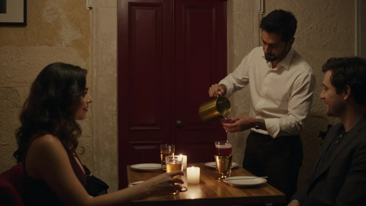 A quiet candlelit lounge with a bartender pouring a drink by a red door in Monaco's old town.