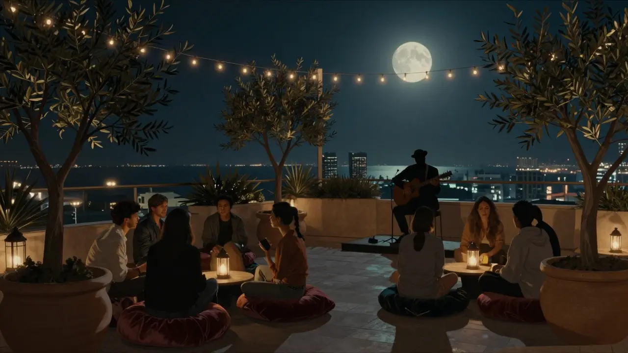 A rooftop hidden bar in Abu Dhabi with string lights, olive trees, and a jazz guitarist playing under the night sky.