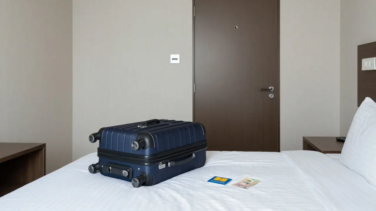 A safe hotel room with cash and prepaid SIM card on the nightstand, no people present.