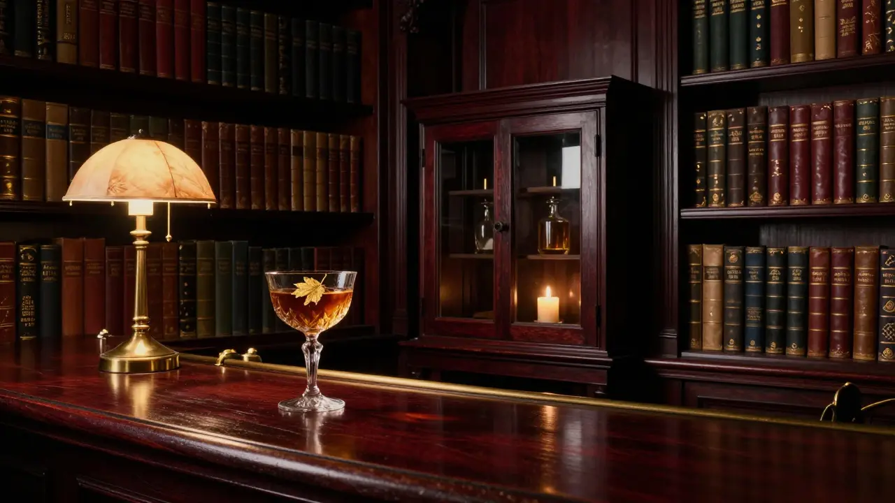 A secret library bar with leather books, brass lamps, and a golden-leaf cocktail resting on mahogany wood.