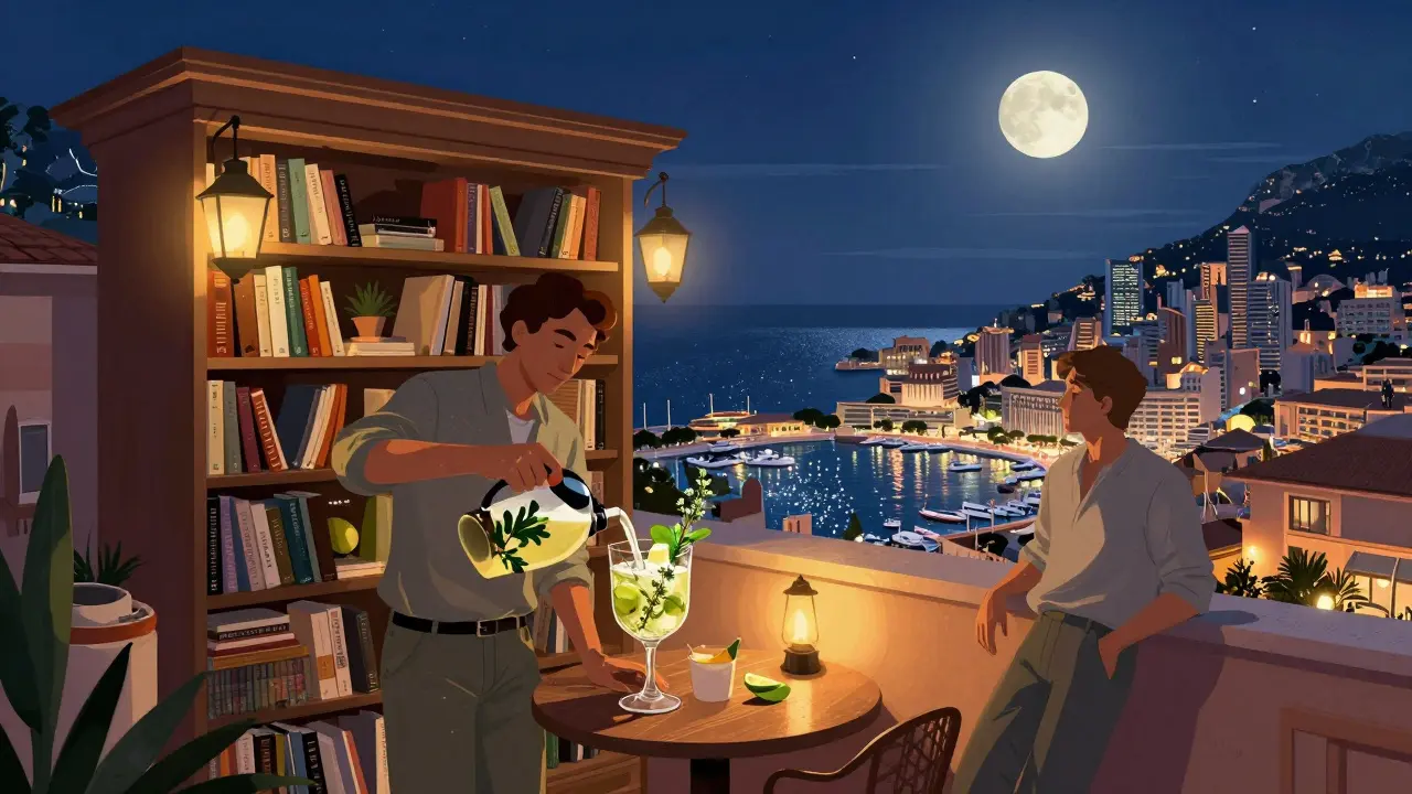 A secret rooftop with a panoramic view of Monaco’s harbor and stars, someone pouring a herbal cocktail.