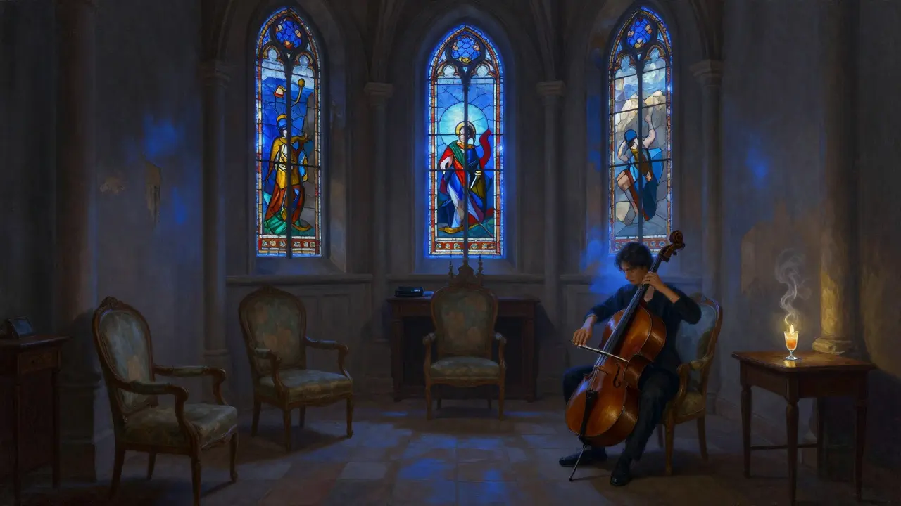 A silent chapel club with a cellist playing in candlelight, surrounded by empty armchairs and stained glass.