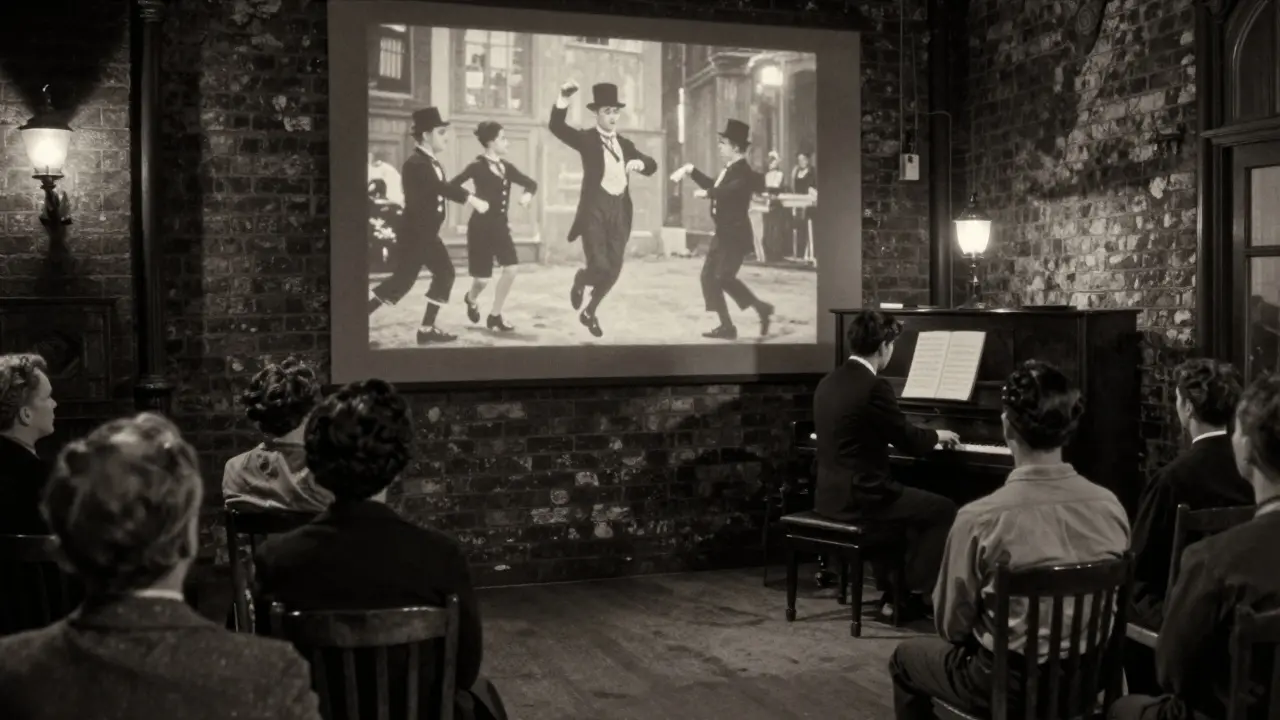 A silent film projected on a brick wall with a pianist playing live in a Shoreditch venue.