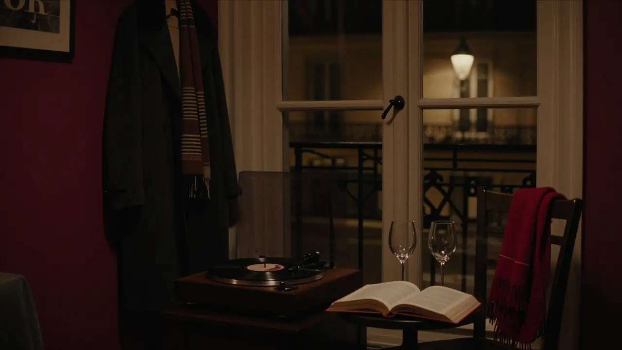 A softly lit Parisian apartment with evidence of a quiet, intimate evening spent together.