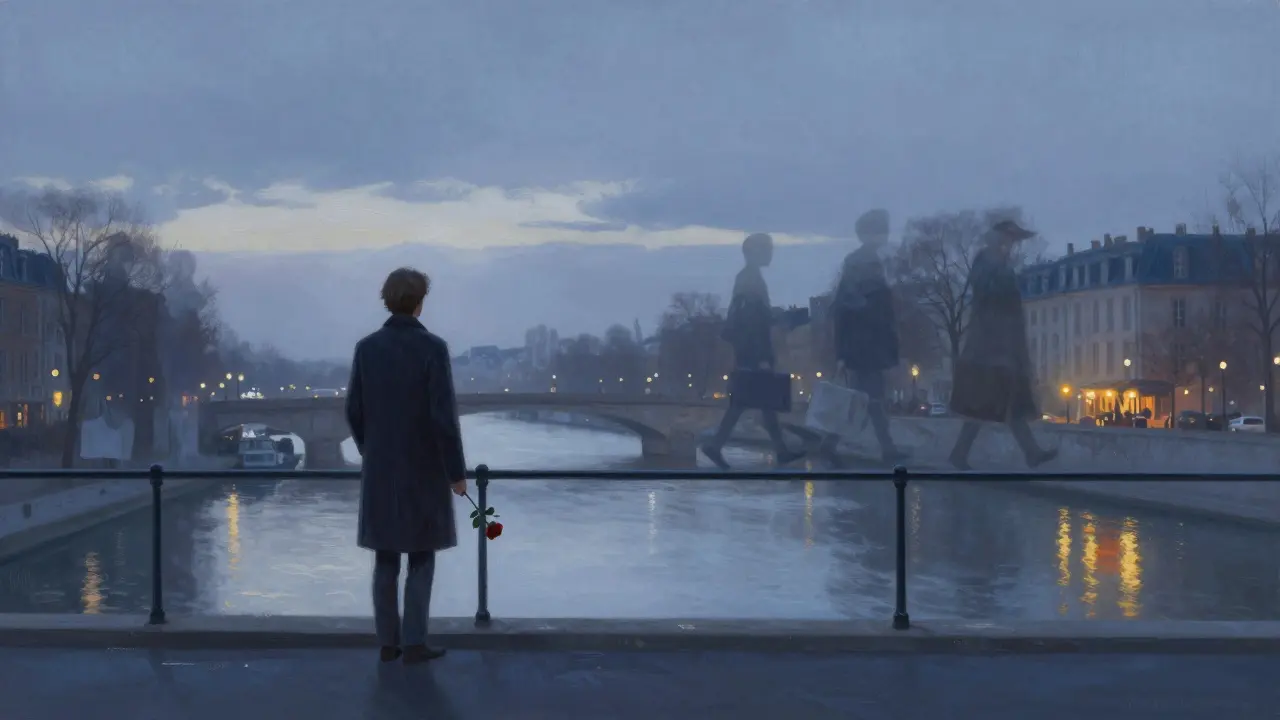 A solitary figure on a bridge at twilight, surrounded by reflections of fleeting human connections.