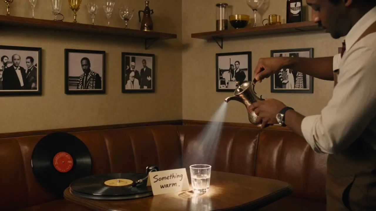 A vintage-style speakeasy lounge with antique glassware, a vinyl record player, and a bartender pouring a craft cocktail.