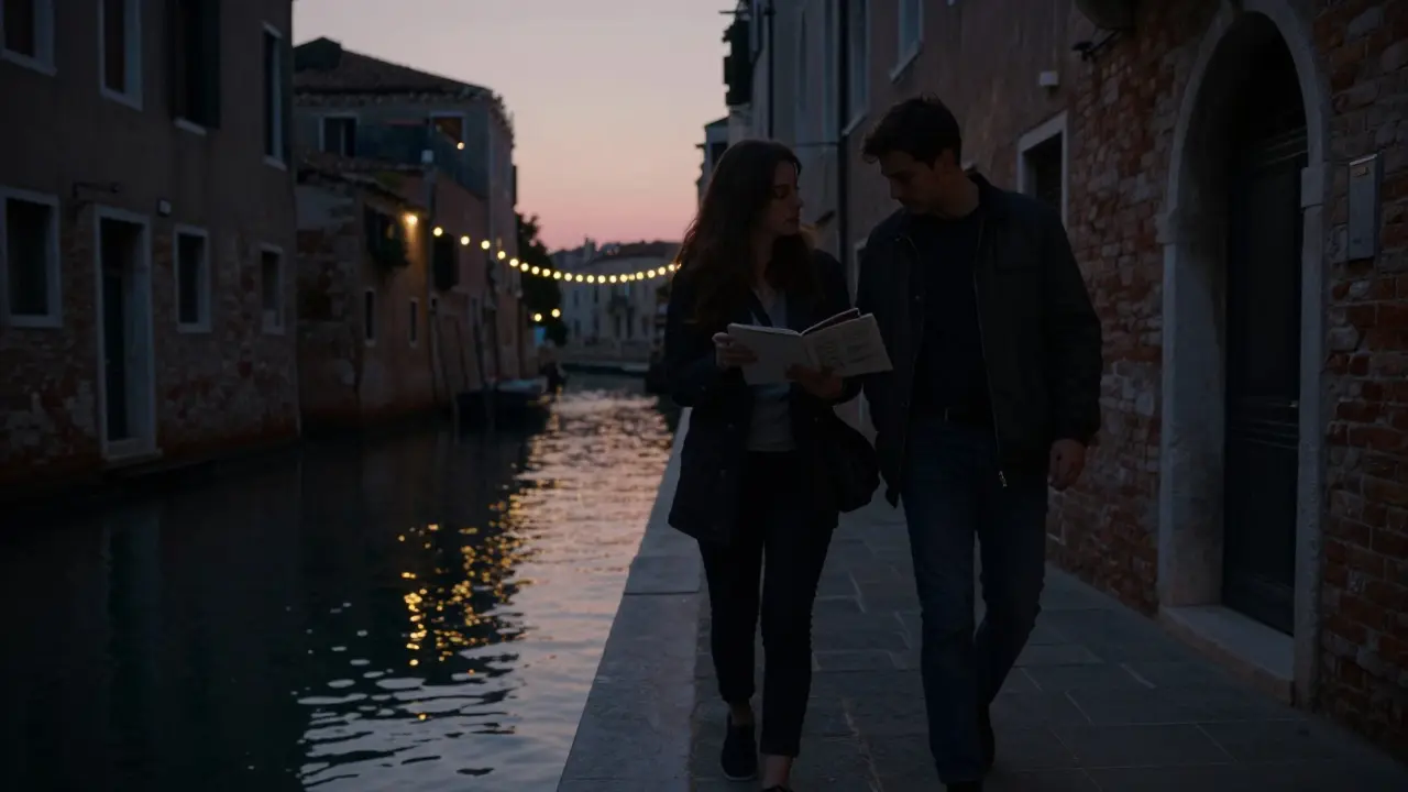 A woman sketches by the Navigli canals at dusk while a man walks beside her, listening as the city lights begin to glow.