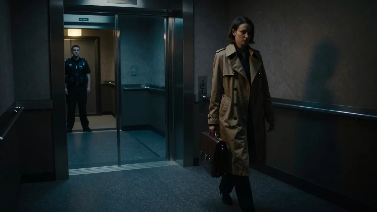 A woman walks alone through a luxury hotel corridor at night, embodying discretion and solitude.