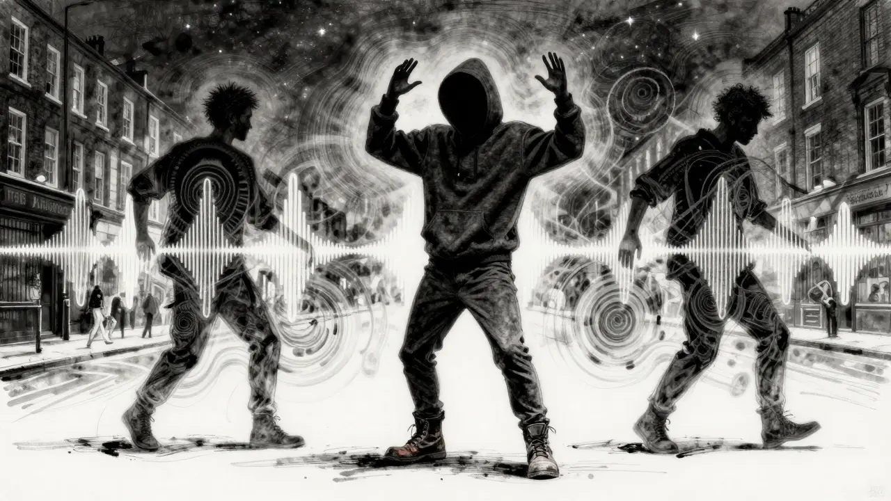 Abstract bass waves rising from London's underground clubs, worn boots at center, no faces, only motion.