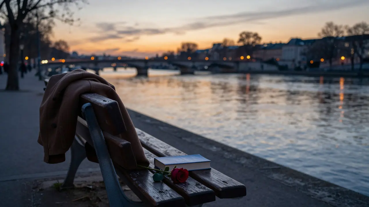 An empty bench by the Seine with a folded coat and a single rose at dusk.