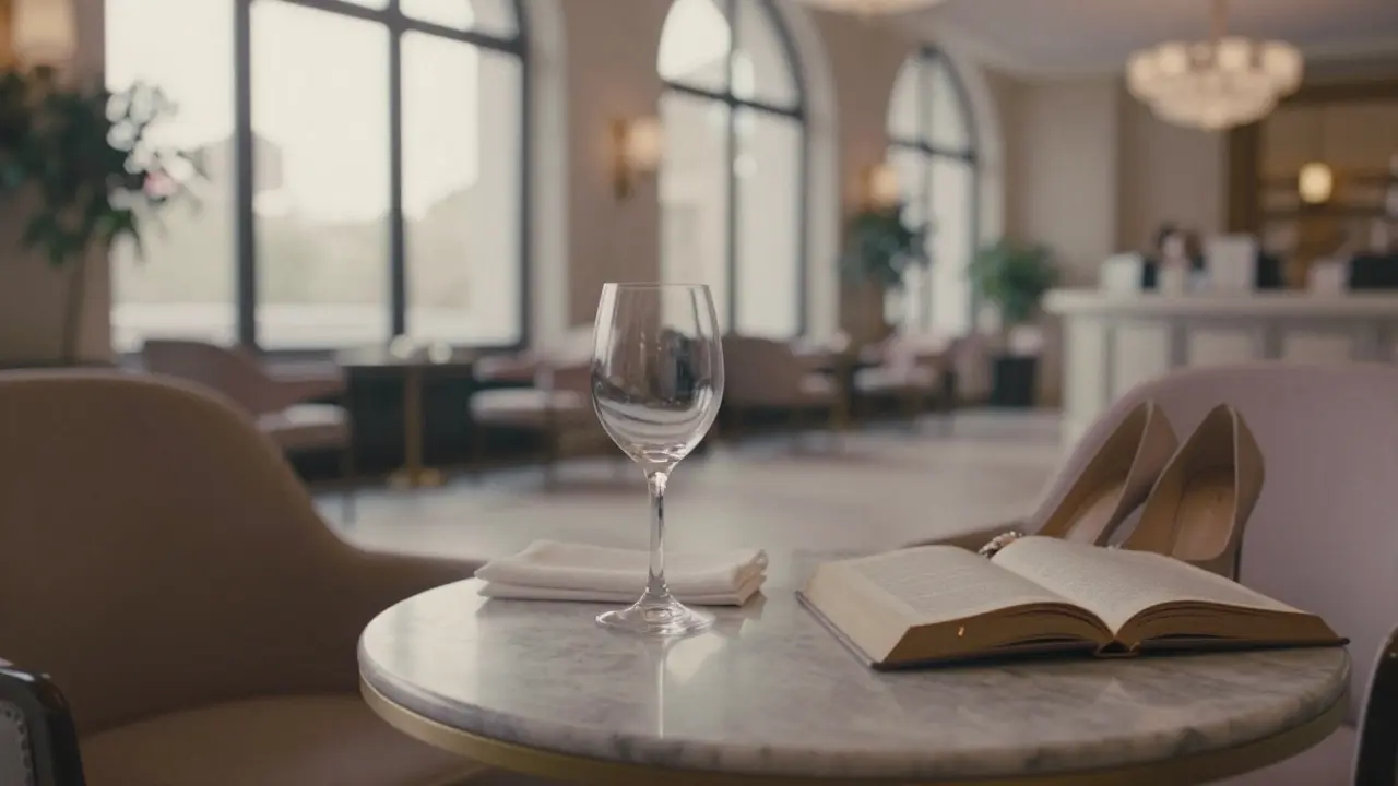 An empty hotel lobby at dawn with a wine glass and open book, hinting at a meaningful night past.