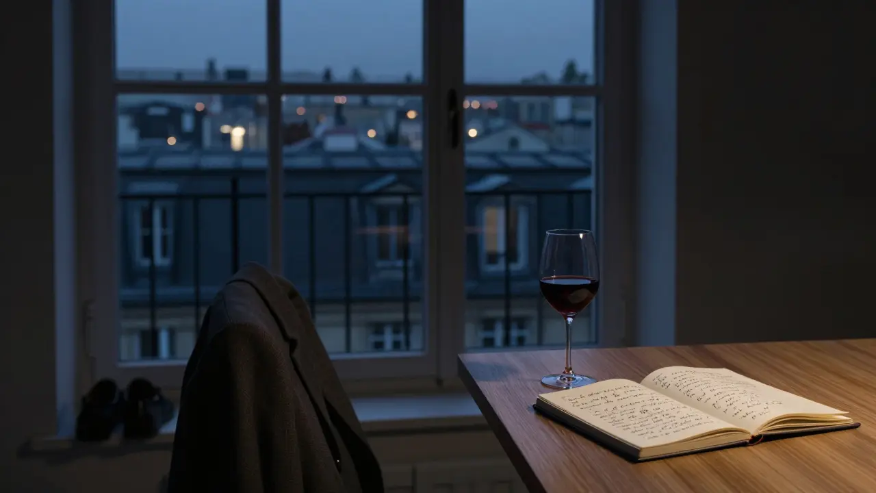 An empty Parisian apartment at night, with a wine glass and open notebook hinting at a recent intimate meeting.
