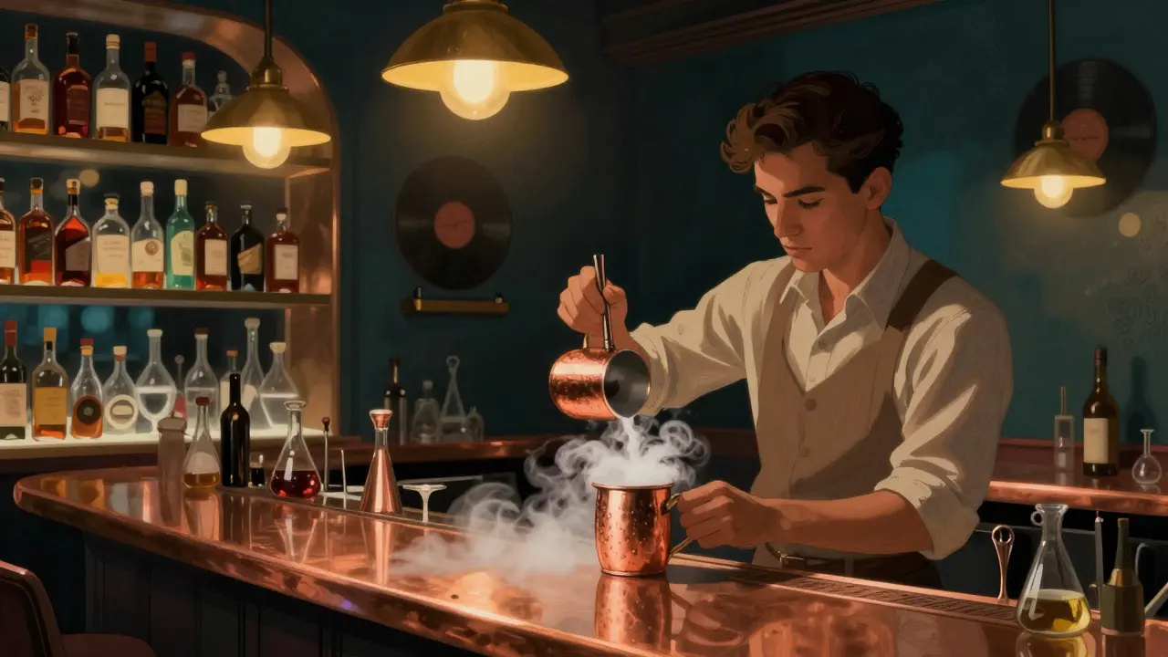 An intimate cocktail bar with copper counters and glowing bottles, where a bartender mixes a drink with liquid nitrogen fog.