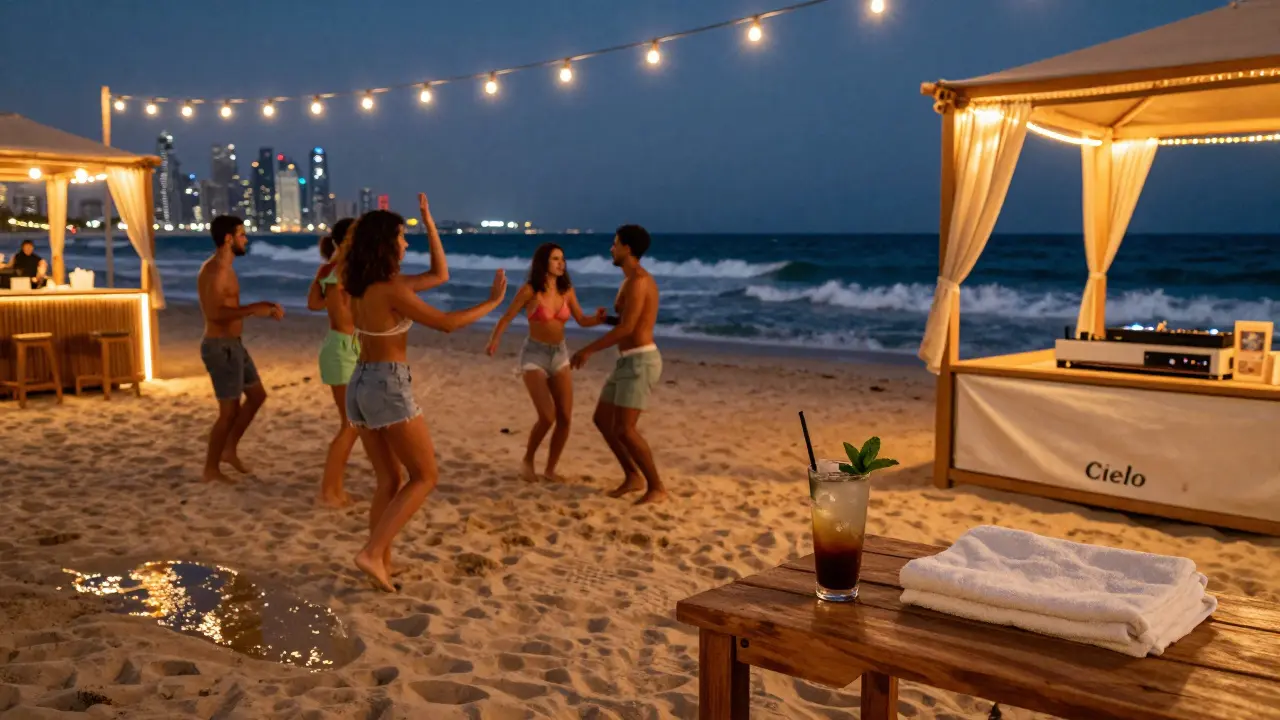 Beach club at midnight with people dancing on sand, ocean waves, and string lights overhead.