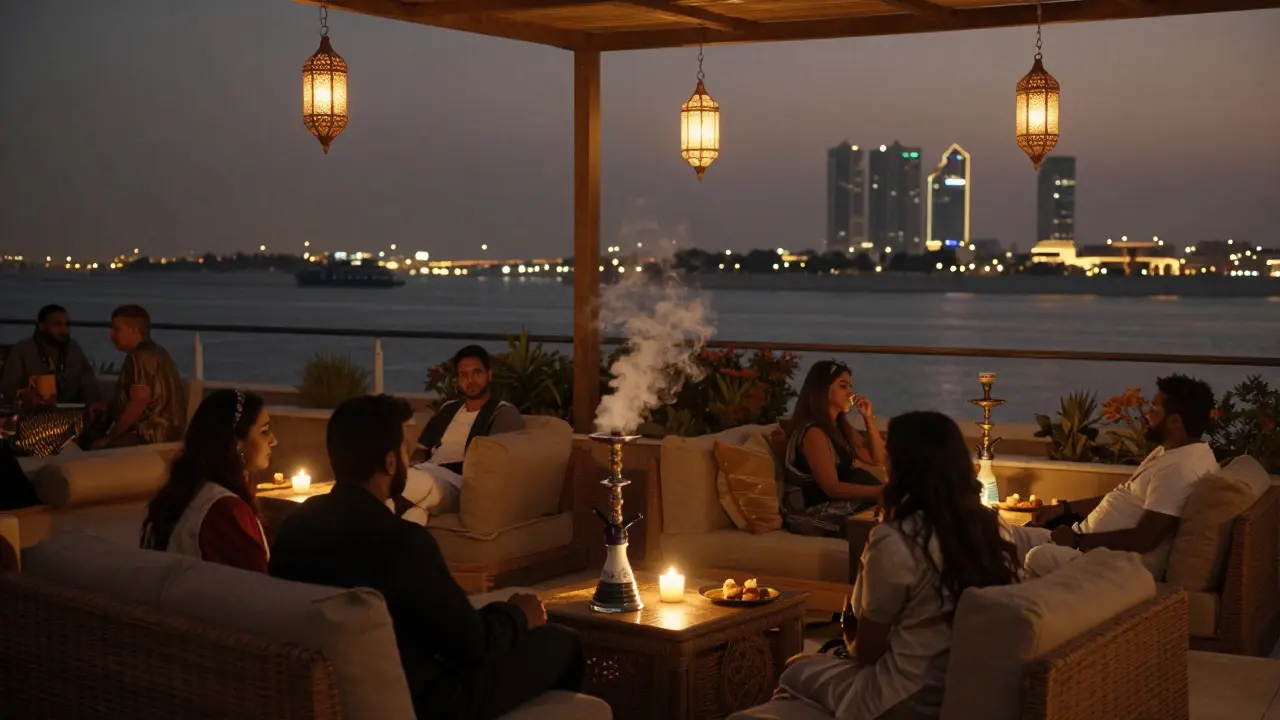 Calm rooftop lounge with shisha, candles, and views of Dubai Creek at night.