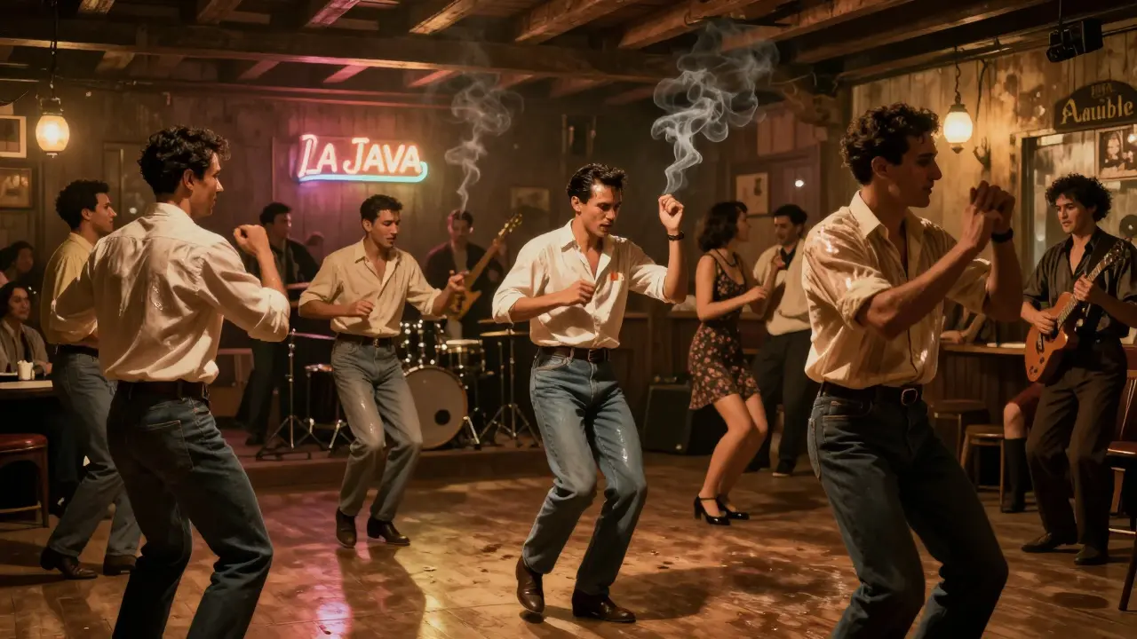 Crowd dancing energetically in a historic Parisian dance hall under flickering neon lights.