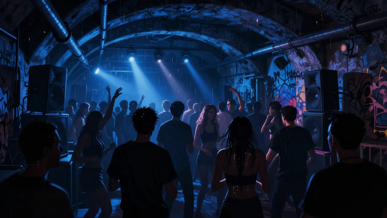 Crowd dancing in a dark underground techno club under railway arches in Milan.