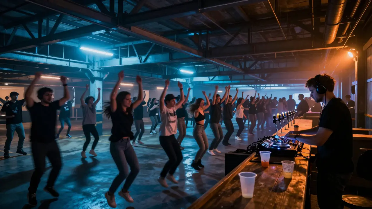 Crowd jumping to techno in a raw concrete warehouse, plastic cups, industrial lighting, no branding.